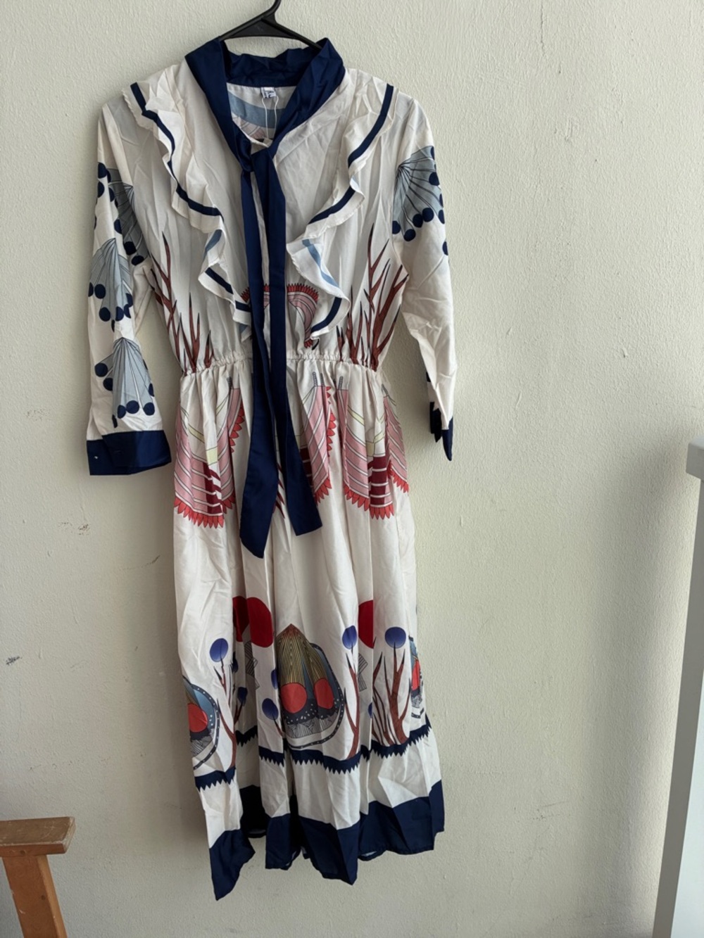 Pre-love White Printed Ruffle Midi Dress with Navy Trim